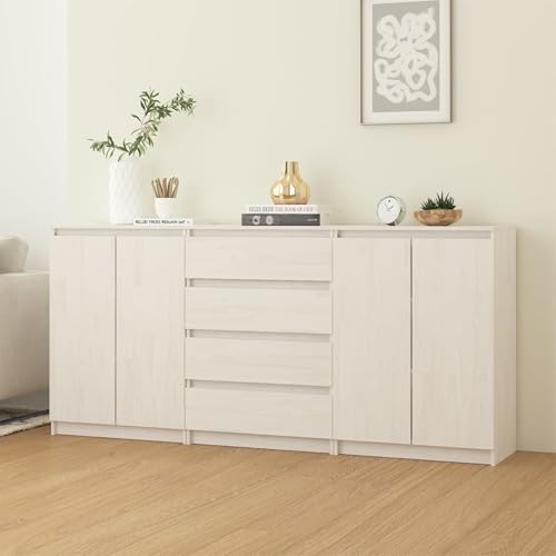 Vopese Armario Auxiliar 3 Unidades Madera Maciza de Pino Blanco Aparador de Salón Armario de Almacenamiento Mueble Auxiliar de Cocina