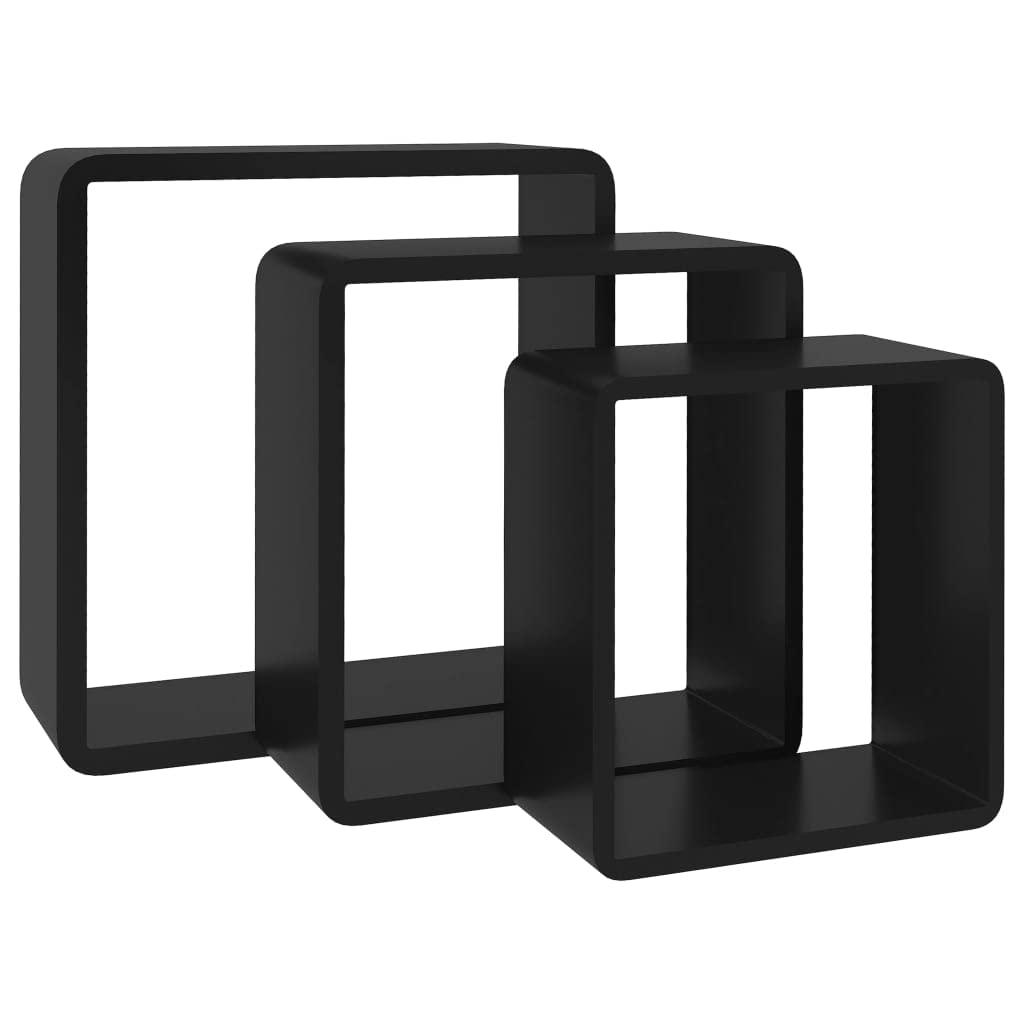 Scaffalature, mensole da parete e sporgenze, mensole cubiche da parete, 3 pezzi, in MDF nero