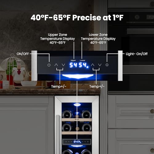 Image of Yeego 12 Inch Wine Fridge, 17 Bottle Dual Zone Wine Cooler with Glass Door