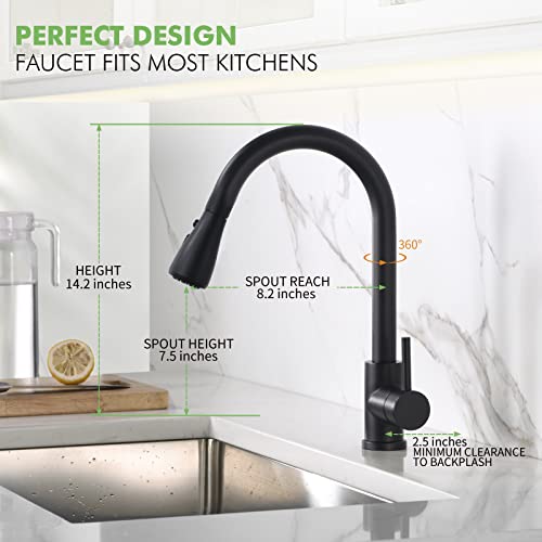 Black Kitchen Faucet With Pull Down Sprayer, Vfauosit Industrial Commercial Stainless Steel Single Handle Single Hole Rv Laundry Pull Down Kitchen Sink Faucets Matte Black With 1/2” Female Adapters #TOP1