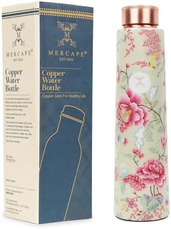 MERCAPE® - 100% Pure Joint Less Copper Bottles for Water with Leak Proof Lid | Ayurveda BPA Free & Non Toxic | Ayurvedic Office | Flower Print Bottle | Hiking Treking Bottle - 950ml