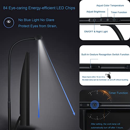 Eyocean Desk Lamp, Led Desk Lamp With Clamp Adjustable Brightness & Color Temperature, Architect Desk Lamp Eye-Caring, Gesture Sensing Desk Light With Flexible Gooseneck& Timer For Home Office, 12W #TOP6