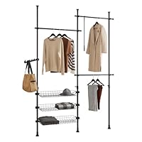 SoBuy Telescopic Clothes Rail, Heavy Duty Clothes Rack, Adjustable Open Wardrobe with Hanging Rails & Shelves for Bedroom, Walk-in Closet Black FRG34-SCH