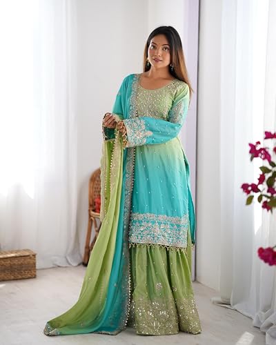 Image of Pandadi Saree Women's Chinon Silk Embroidery Kurta Sharara Set With Dupatta.