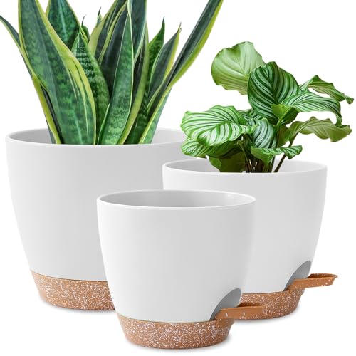 3 Pack Plant Pots Indoor 10/9/8 Inch Self Watering Planters for Indoor Plants Flower Pots for Indoor Plants with Drainage Holes and Saucer for Home Garden Indoor Outdoor(White)