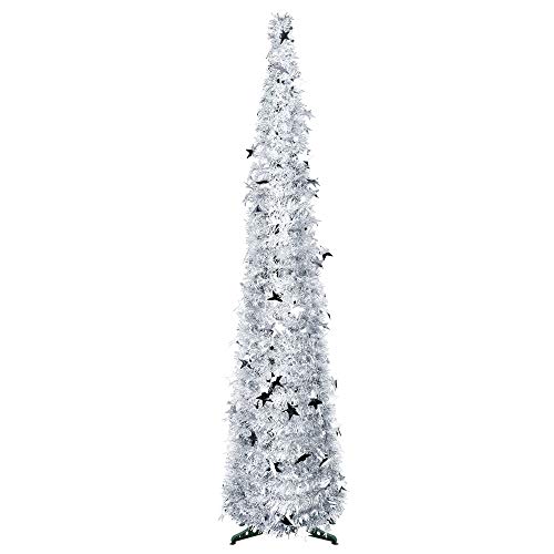 FINGOOO 5ft/1.5m Collapsible Christmas Tree Silver Tinsel Pop Up Coastal Christmas Tree for Holiday Xmas Decorations Home Display Office Decor