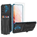 Asuwish Phone Case for Samsung Galaxy S21 FE Gaxaly S 21 FE 5G with Tempered Glass Screen Protector Cover and Slim Credit Card Holder Stand Hybrid Cell Glaxay S21FE5G UW S21FE 21S G5 Women Men Blue