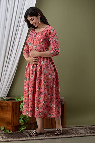 Image of Women's Rayon Printed Maternity Dress Pregnancy Casual 3 /4 Sleeve Dual Zipped for Feeding Nursing Maternity Comfort Dress Kurta