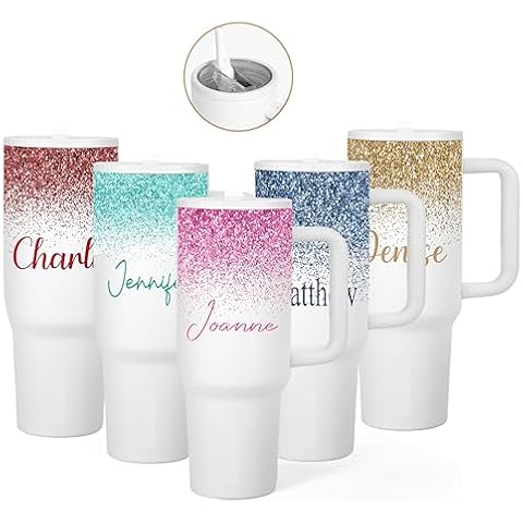 Personalized 40oz Tumbler With Handle and Leak Proof Lid | Stainless Steel Insulated Tumbler | Travel Cup | Double Wall Coffee Cup for Hot and Cold Drinks | Glitter Effect with Name Cover