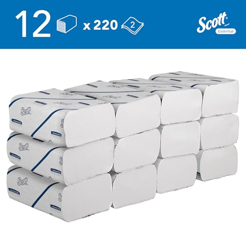 Scott Essential Hand Towels, Narrow-Fold 2-Ply White Paper Towels, Soft, Absorbent, FSC Certified, Compatible with Multifold Dispensers, 12 Clips x 220 Sheets (2,640 Sheets Total), Model Nr. 6603
