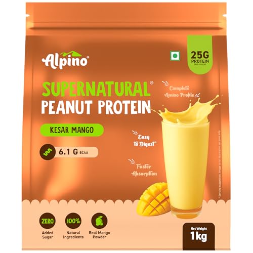 Image of Alpino Supernatural Peanut Protein Powder Kesar Mango 1kg - 25g Plant Based Protein, 6.1g BCAAs, No Added Sugar, Vegan