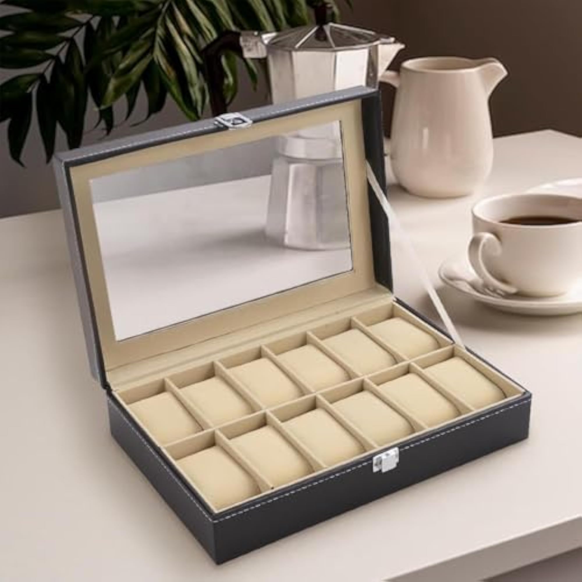Men's Watch Box Holder Organizer Case, 12 Slots, PU Leather