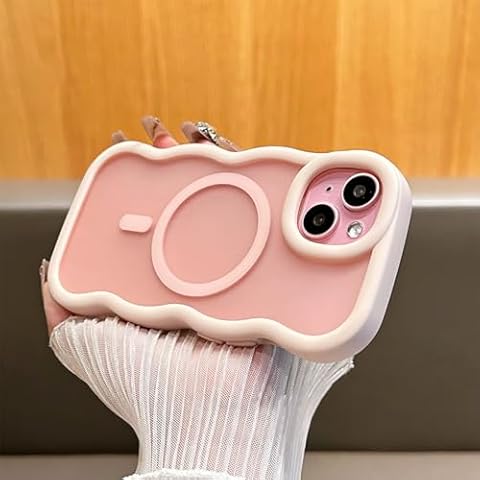 UEEBAI Magnetic for iPhone 16 Pro Case, Cute Cover Compatible with MagSafe, 2024 Clear Wave Design Wavy Frame Matte Phone Case- Pink Cover