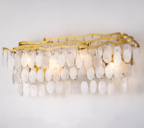 Image of Wellmet Brushed Gold Bathroom Light Fixtures, 4-Light Capiz Shell Vanity Light, Modern Wall Sconces for Mirror, Cabinets, Bedroom, Hallway,Living Room, 27.2 inch W