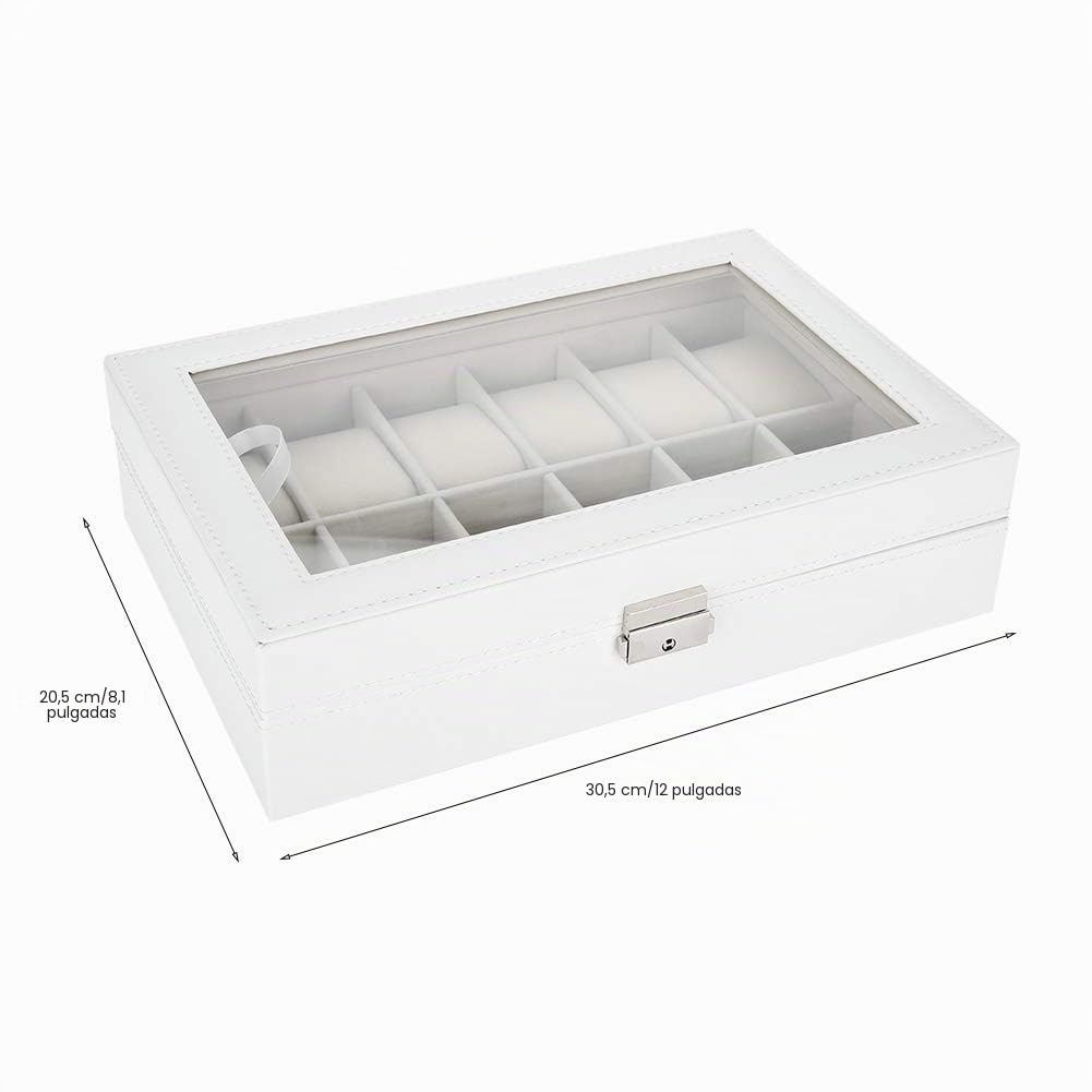 Caja de Relojes Hombre Mujer con 12 Compartimientos, Tapa de Vidrio, Cierre de Metal, Estuche de Almacenamiento para Reloj