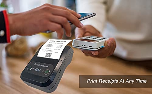 Milestone MPT-II printer printing a receipt, with a hand holding a smartphone and another hand holding a card reader, illustrating mobile receipt printing.