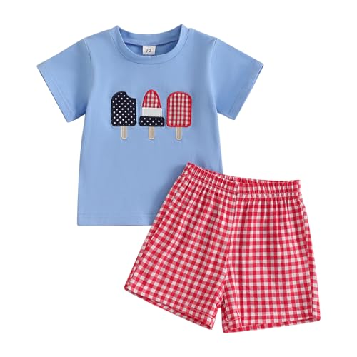 Bonangber Toddler Boy 4th of July Outfit Popsicle Embroidery Short Sleeve T Shirt Plaid Shorts Set Fourth of July Baby Boy Outfit(D-Blue 4th of July,18-24 Months)