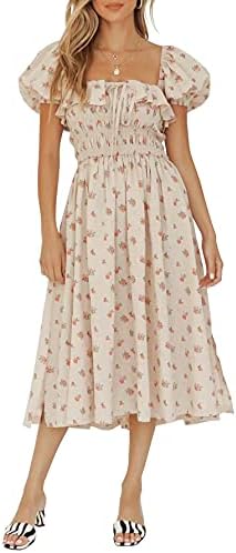 R.Vivimos Women Square Neck Puff Sleeve Floral Midi Dress