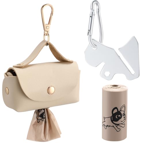 Image of Affrolling 5 Pcs Leather Dog Poop Bag Holder Christmas Include 45 Scented Poop Bags Dispenser Cute for Travel Walking Dog Park and Outdoor Use(Apricot)