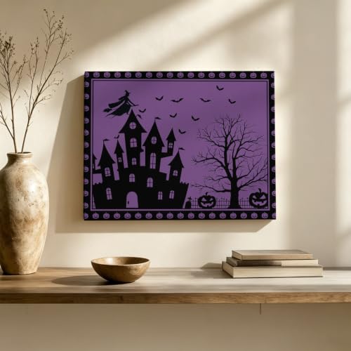 Halloween Medium Canvas Wall Art for Bedroom Decor Witch Castle Bats Purple Modern Giclee Artwork Canvas Prints Framed for Living Room Kitchen Laundry Room Farmhouse Home Office Ready to Hang 24"x32"