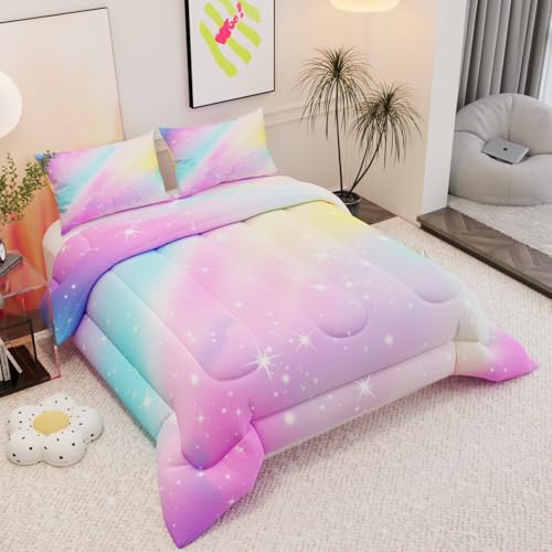 Image of Pink Rainbow Comforter Sets for Girls Kids Adults,3D Pattern with Bright Colors,Decorative Bedding Comforter Sets with 2 Pillow Shams, Full Size