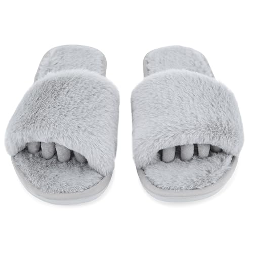 Fuzzy House Slippers for Women - Soft & Comfortable Womens Slippers with Open Toe Separators - Cute All Day Wear Casual Slip on Ladies Footwear for Indoor & Outdoor Steel Gray, 7