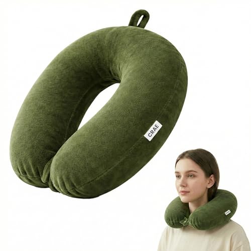 Image of CRAE Travel Neck Pillow for Men & Women | Soft Fibre Cushion for Flight, Car & Train | Soft Velvet Fabric with Attachable Snap Strap | Cervical Support for Neck Pain Relief.Pack of 1(Grass Grn)