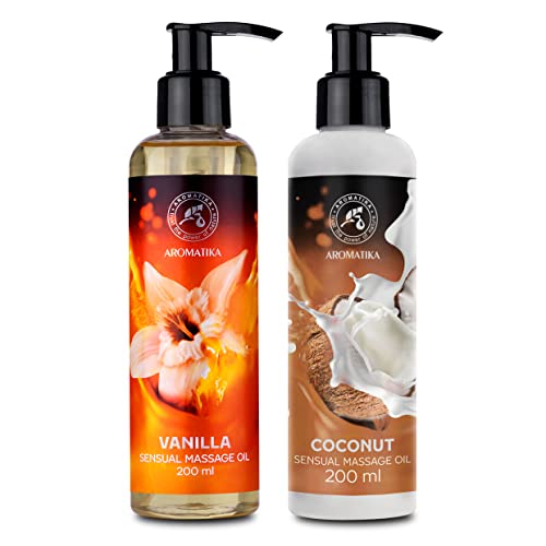 Aceite de masaje comestible de vainilla y coco, mezcla de 2 x 200 ml con almendras y semilla de uva, aceite corporal de aromaterapia para masaje sensual relajante