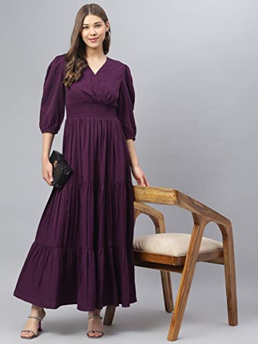 Image of Femvy Women's Fit and Flare Maxi Dress Rayon 3 /4 Sleeve Solid V-Neck Evening Dress 751