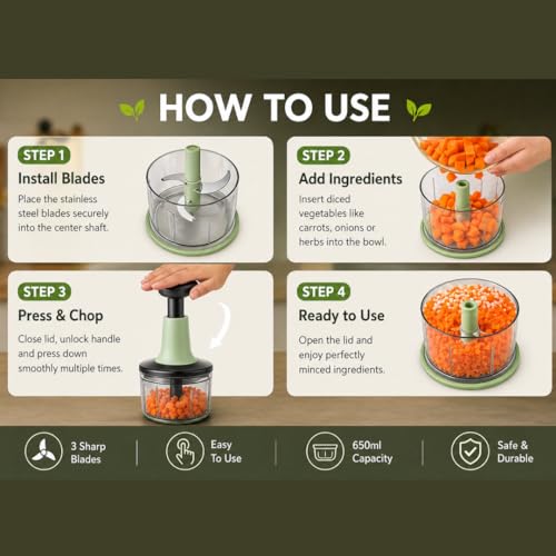 Image of Push Chopper for Kitchen Use 650 ML, Onion Cutter, Push Chopper with 3 Blades, Vegetable Chopper Kitchen Items for Home Cutting Vegetables, Ginger, Garlic, Salad, Tomato, Potato (Multicolour)