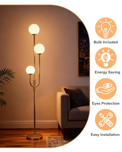 Image of Lightdot 66IN Gold Globe Floor Lamp 3-Lights Vintage Gold Dimmble Floor Lamps with Bulbs Included for Wedding Party Modern Tall Standing Lamp with 5Lbs Heavy Base for Living Room /Bedroom /Sofa Beside