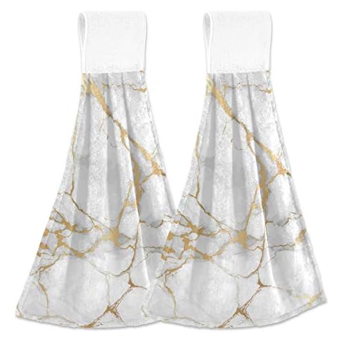 Selerdon Kitchen Hand Towel White Marble Hanging Tie Towels 2 Pieces Fast Dry Absorbent Soft Touch Used for Home Bathroom Decoration Cover