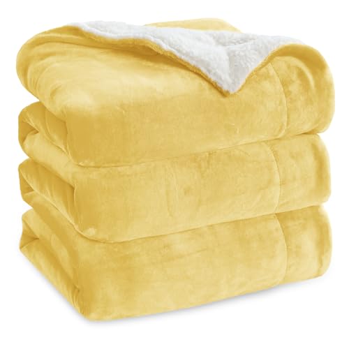 Image of Bedsure GentleSoft Sherpa Fleece Blanket Queen Size for Bed, Non-Heated, Thick and Warm Throw for Women and Men, Soft Fuzzy Plush Queen Blanket for Winter, Yellow, 90x90 Inches