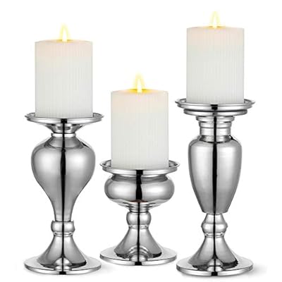 Sziqiqi Metallic Pillar Candleholder Set for Candle Centerpieces, Table Mantel Fireplace Decoration Set of 3 Gourd-Shaped Design Silver