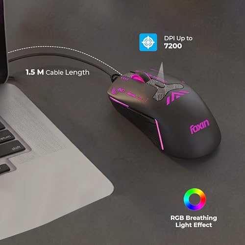 Image of Foxin Phantom GM 104 USB Wired Gaming Mouse with Upto 7200 DPI Gaming Sensor | 6 Buttons | Upto 10 Million Clicks | RGB Lighting | Ergonomic Design | 1.5m Cable (Black)