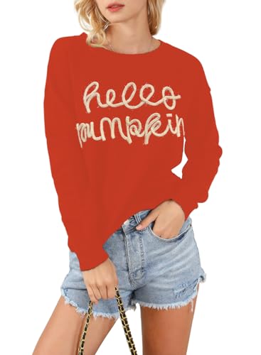 Marzxin Women 2024 Casual Holiday Sweaters Long Sleeve Round Neck Cable Knit Pullover Sweatshirt Tops Halloween Orange Pumpkin M thumb #2