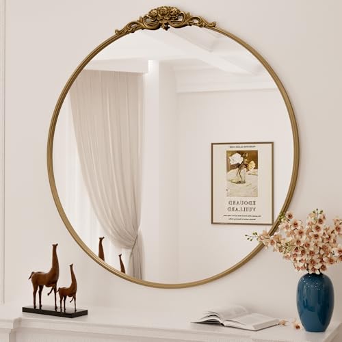 Image of Keonjinn 30 Inch Round Decorative Mirror, Vintage Gold Mirror with Metal Frame, Circle Antique Gold Mirror, Decorative Vintage Bathroom Mirror for Mantle Bathroom Living Room French Cleat Mounting