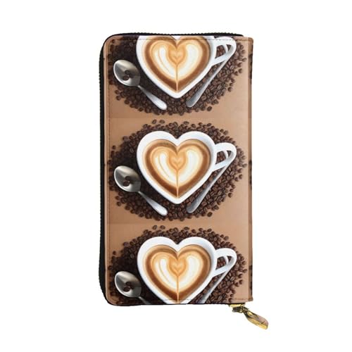 Coffee with Heart Pattern Picture Leather Long Clutch Wallet for Fashionable Girls and Women - Durable, Stylish, and Functional, Black, One Size