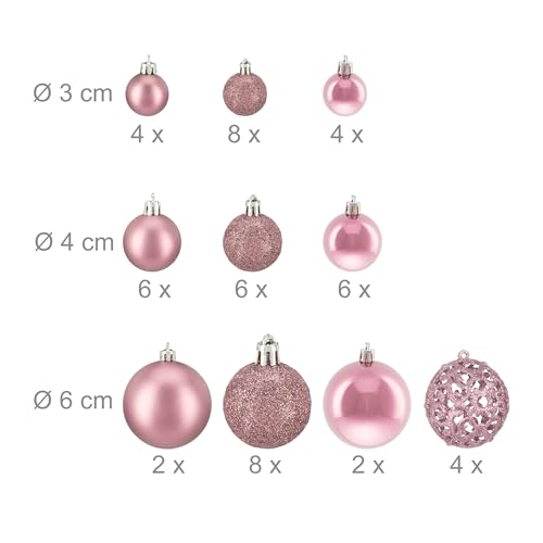 Relaxdays Weihnachtskugeln 50er Set, glitzernde, Matte & glänzende Christbaumkugeln, Kunststoff, ∅ 3, 4 & 6 cm, rosa