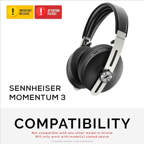 Image of Replacement Earpads for Sennheiser Momentum 3 Wireless Headphones. Soft PU Leather, Memory Foam for Extra Comfort, Easy Installation Cushion Ear Pads, by Brainwavz (Black)
