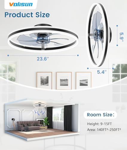 Image of VOLISUN Low Profile Ceiling Fans with Lights and Remote, 24in Flush Mount Ceiling Fans with Light, 3000K-6500K Dimmable Fandelier LED Fan Light, Black Bladeless Ceiling Fans with Lights for Bedroom