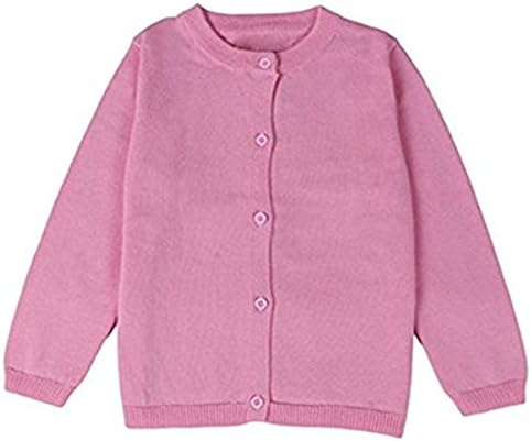 JELEUON Little Girls Cute Crew Neck Long Sleeve Button-Down Solid Cotton Fine Knit Cardigan Sweaters Pink