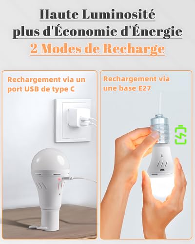 Ampoule rechargeable USB-C 7W E27 avec télécommande pour secours - 3