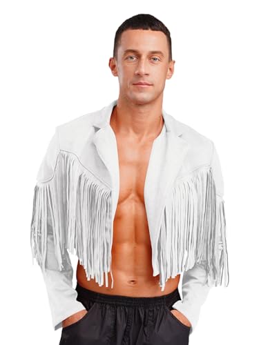 Fldy Men's Fringe Faux Suede Leather Open Front Tassel Coats Western Cowboy Jacket Outerwear White X-Large