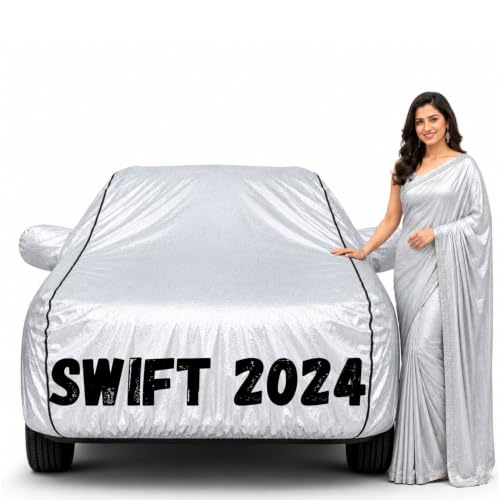 Image of Waterproof Car Body Cover for Swift 2024 All Weather Protection Comes with Inner Cotton Lining & Triple Stitched with Mirror & Antenna Pocket Belt & Elastic Fit Metallic Silver with Black Piping2