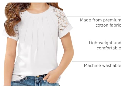 Image of Girls Pleated T Shirts Kids Fashion Lace Sleeve Summer Tops Casual Crewneck Blouse 5-14 Years