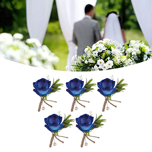 5PCS Artificial Rose Wedding Boutonniere White Handmade Corsage Buttonhole Flowers with Pins for Men Groom Bride Suit Prom Banquet Party Decor Blue - Image 3