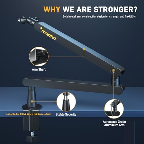 Image of MAONO Microphone Boom Arm, Low Profile Mic Arm with Cable Management Channels, Desk Mount Clamp, Fully Adjustable, Heavy Duty Mic Stand for Podcast Studio Streaming (BA92 Black)
