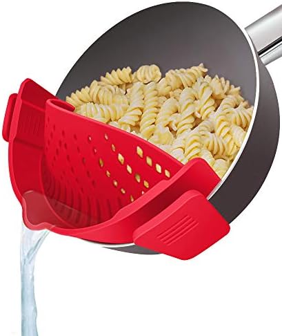 YEVIOR Clip on Strainer for Pots Pan Pasta,Silicone Food Strainer Hands-Free Pan Strainer, Clip-on Kitchen Food Strainer for Spaghetti, Pasta, Ground Beef Fits All Bowls and Pots (Red)
