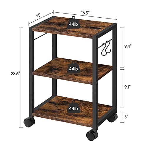 Alloswell Mobile Printer Stand, 3-Tier Printer Cart Under Desk With Storage, Industrial Rolling Cart With 2 Hooks, Sturdy Little Cart On Wheels For Home Office, Rustic Brown And Black Pthr4001 #TOP3
